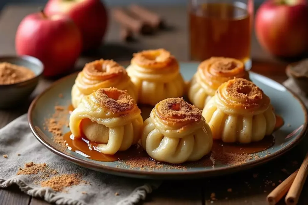 Golden apple dumplings wrapped in puff pastry, served warm with a drizzle of caramel sauce