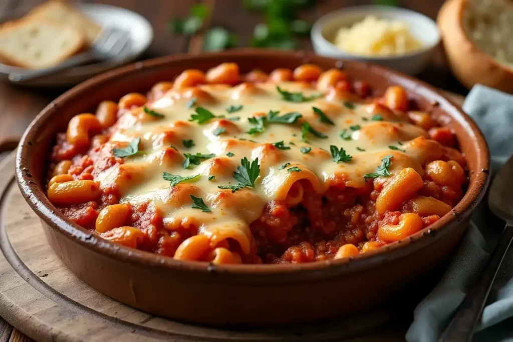 Baked beefaroni in a casserole dish with a golden cheese crust, garnished with fresh parsley