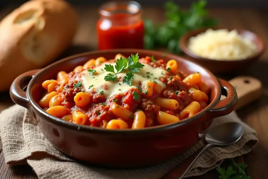 Homemade beefaroni in a casserole dish, topped with melted cheese and garnished with fresh parsley