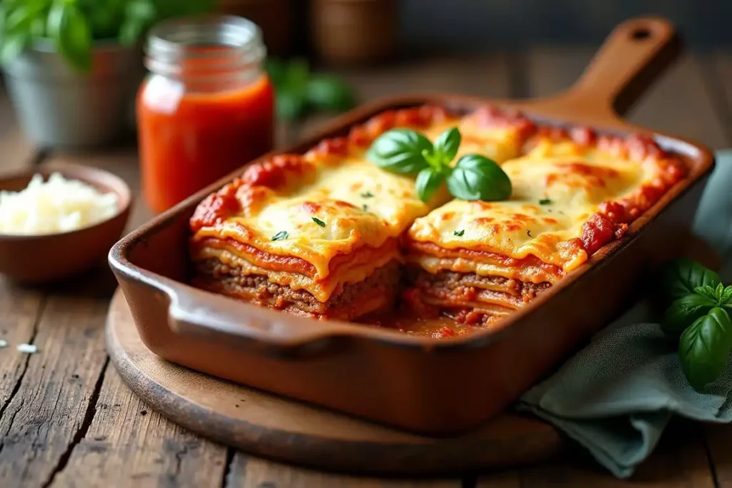 Traditional lasagna with rich layers of sauce, cheese, and Barilla noodles