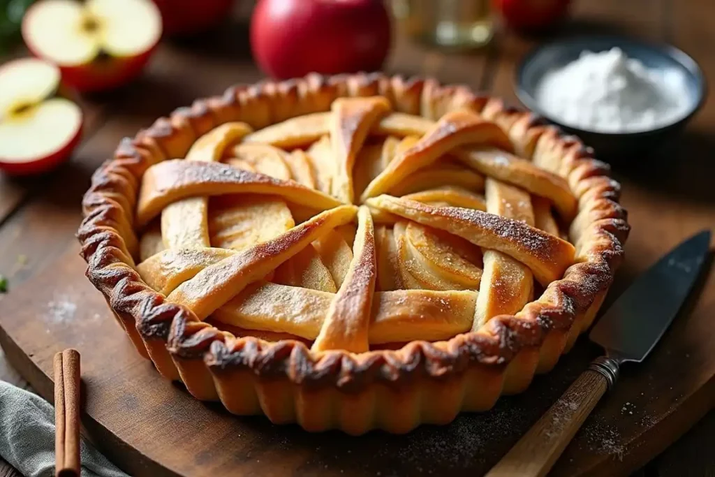 Freshly baked apple pie with a golden premade crust, served warm