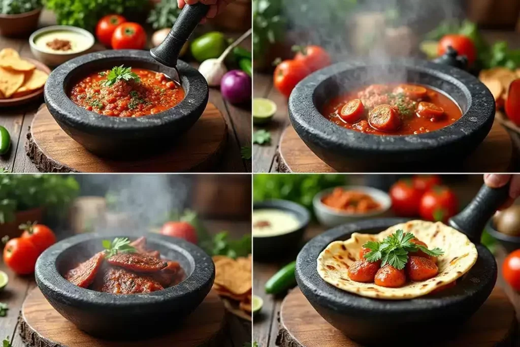 Molcajete with freshly made guacamole and salsa, surrounded by ingredients