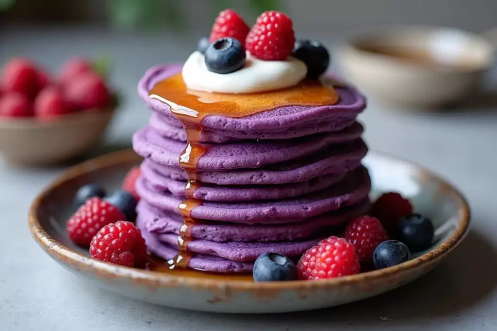 Purple sweet potato pancakes stacked on a plate with a drizzle of syrup