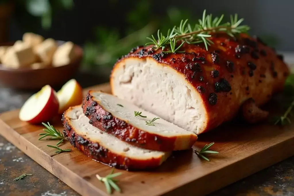 Smoked turkey breast sliced to reveal its juicy, tender interior, served on a platter with fresh herbs and lemon slices