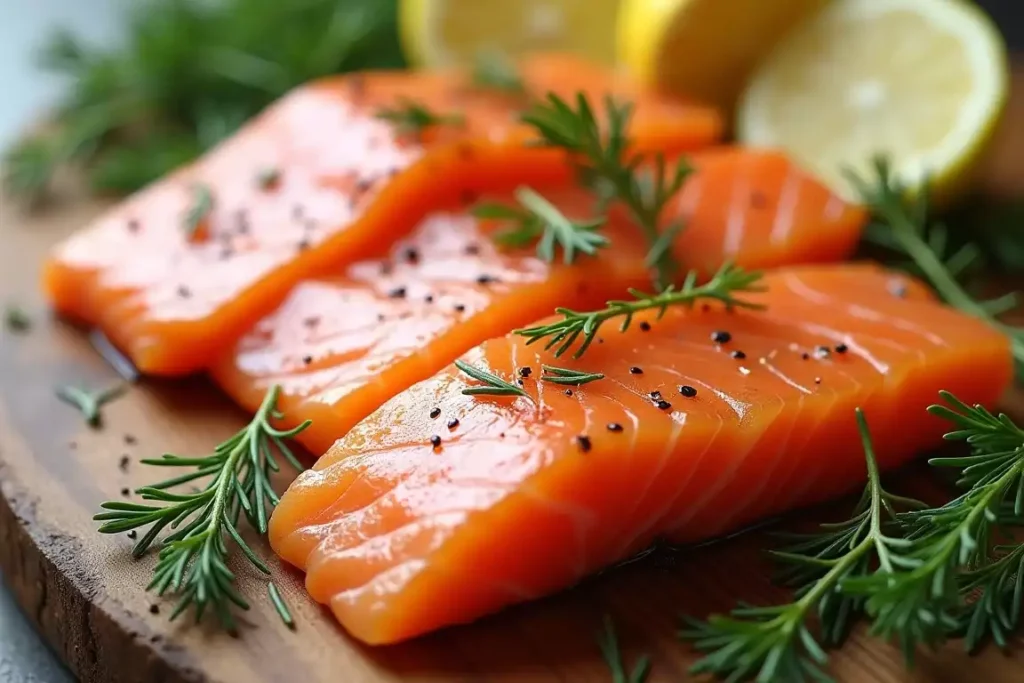 Smoked salmon fillets garnished with fresh dill, served on a wooden board with lemon slices