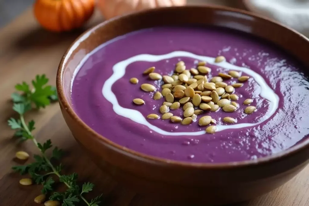 Purple sweet potato soup in a bowl, garnished with a drizzle of cream and fresh herb