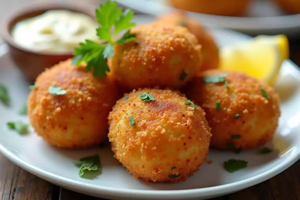 Golden salmon croquettes served with a side of dipping sauce and garnished with fresh parsley