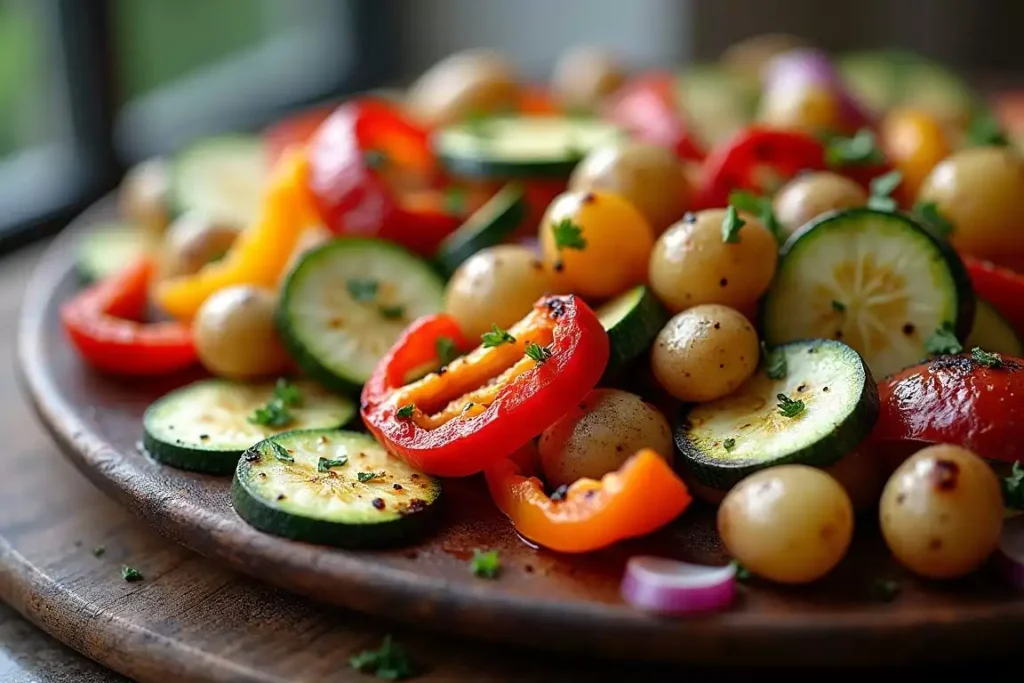 Smoked vegetable medley featuring bell peppers, zucchini, carrots, and mushrooms, garnished with fresh herbs