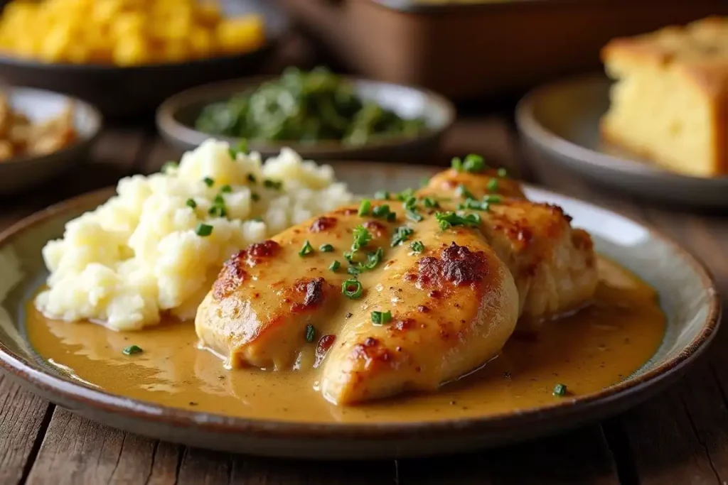 Classic Southern smothered chicken served with rich gravy, mashed potatoes, and collard greens