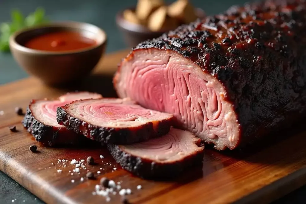 Smoked meats and vegetables arranged on a wooden board, featuring a golden-brown brisket, ribs, and smoked corn