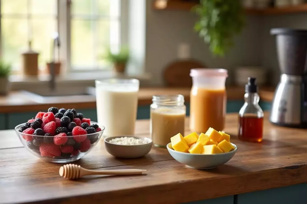 Ingredients for healthy Ninja Creami recipes, including fresh fruit, almond milk, Greek yogurt, honey, and nuts