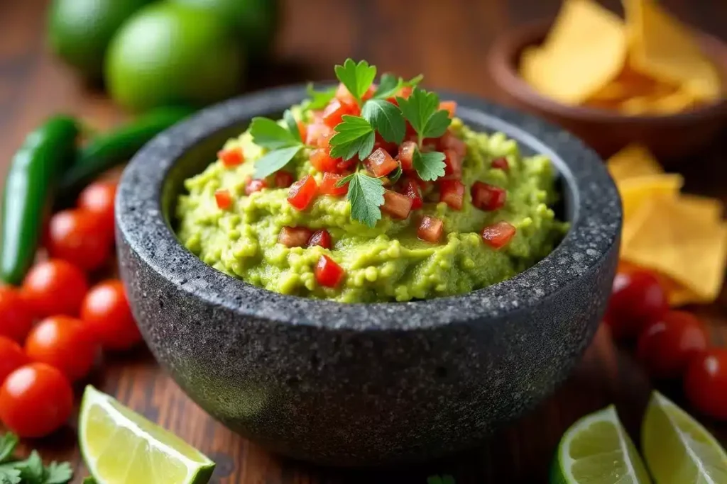 Molcajete guacamole freshly prepared with avocados, tomatoes, onions, and cilantro in a stone bowl