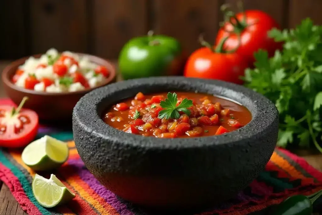 Traditional molcajete salsa with tomatoes, chilies, and garlic, freshly prepared