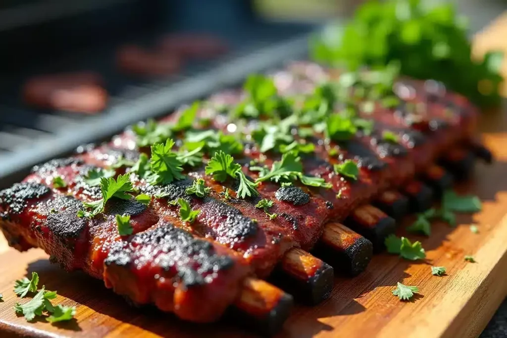 Grilled beef back ribs topped with vibrant chimichurri sauce