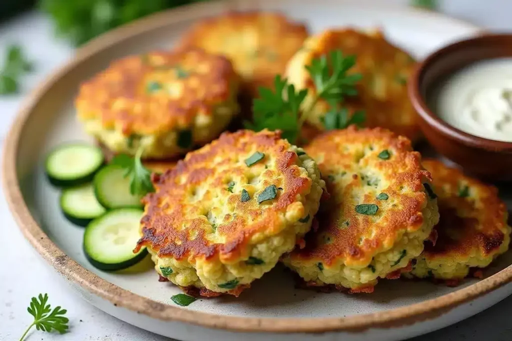 Keto cottage cheese and zucchini fritters stacked on a plate, garnished with fresh herbs