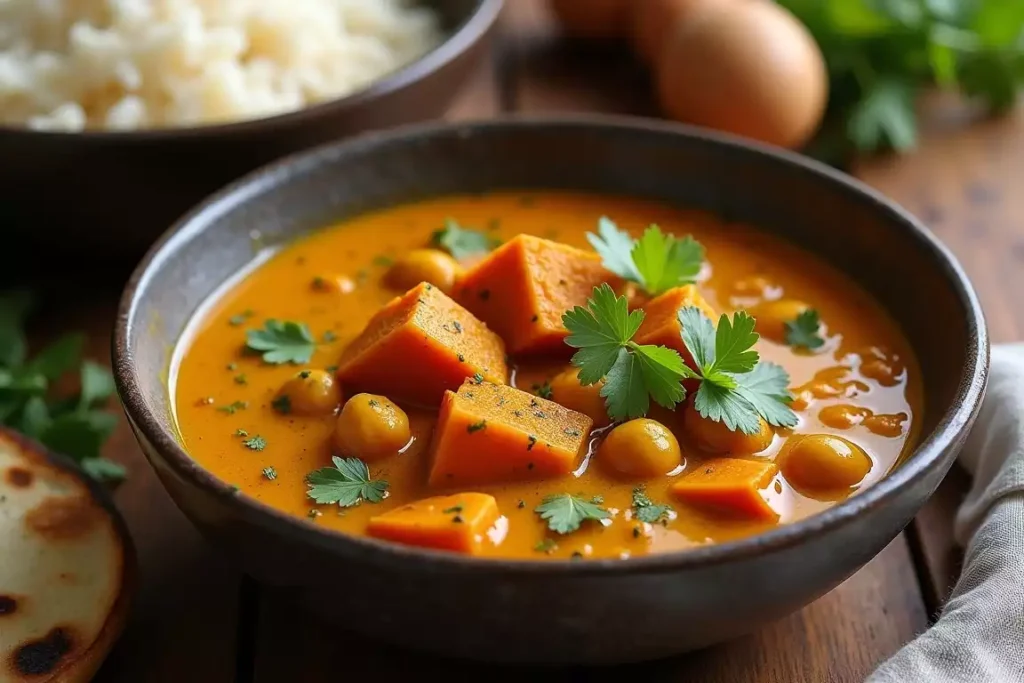 Purple sweet potato curry served in a bowl with fresh cilantro