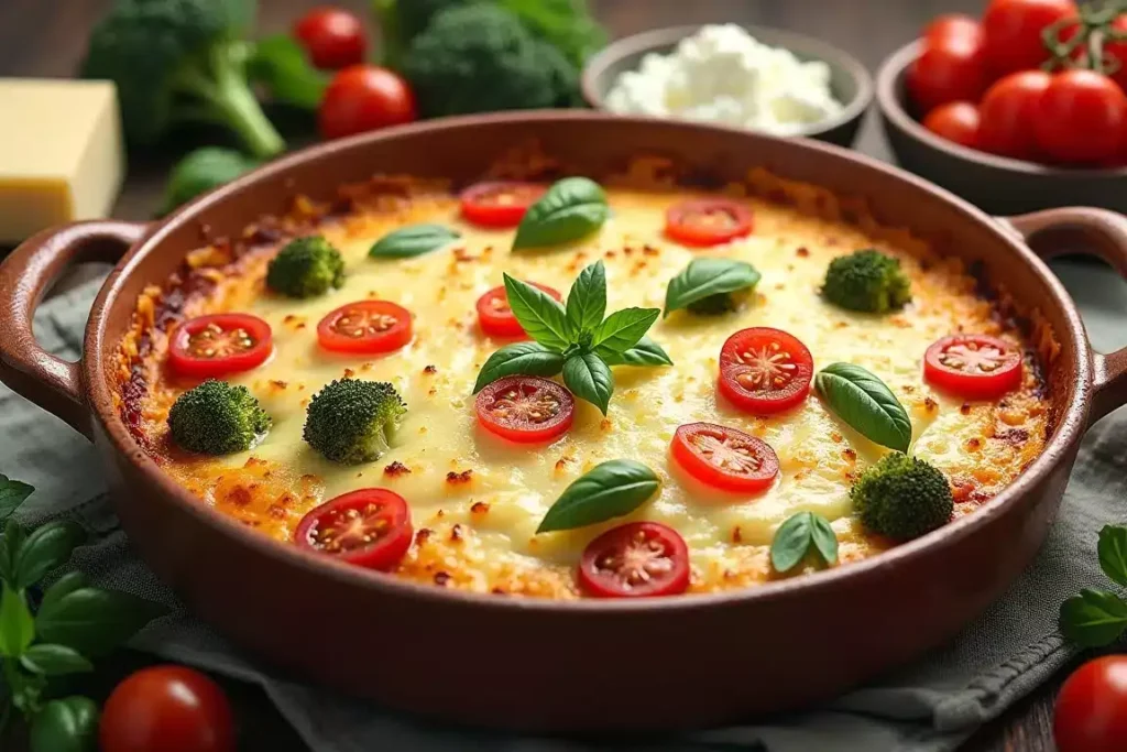 Baked keto cottage cheese casserole in a dish, garnished with fresh herbs