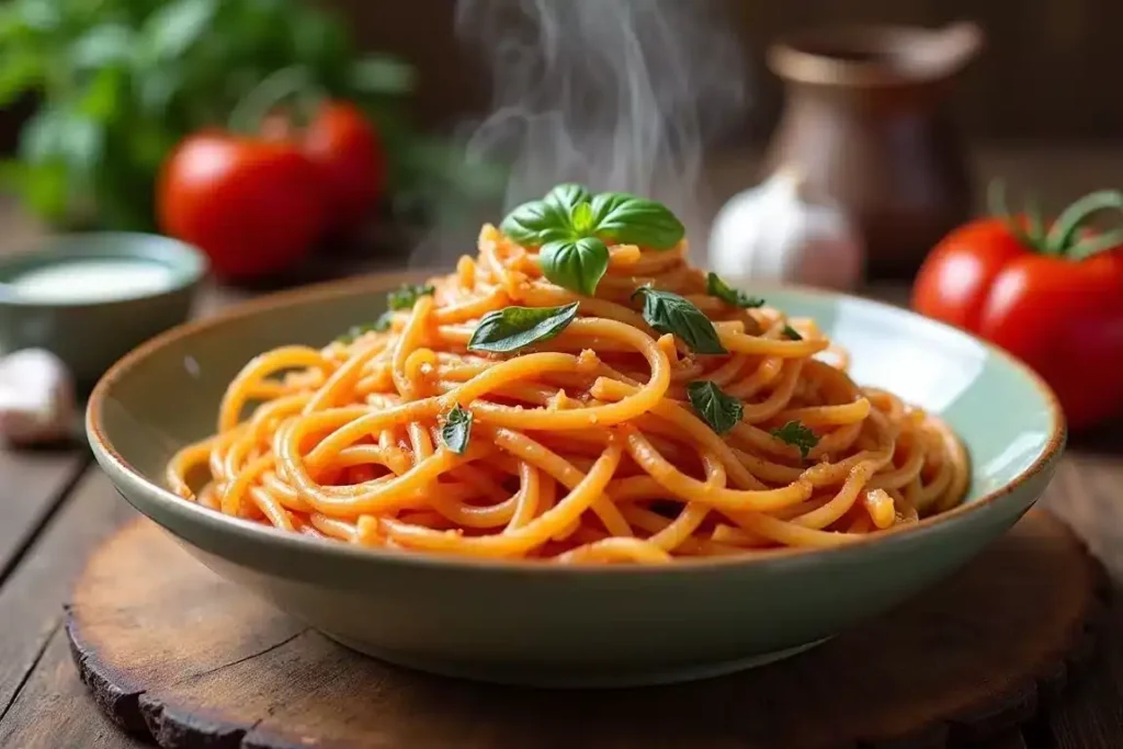 Creamy tomato fideo served in a bowl, garnished with fresh basil