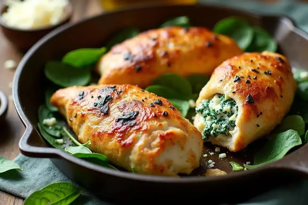 Keto cottage cheese and spinach stuffed chicken breast sliced and garnished with fresh herbs