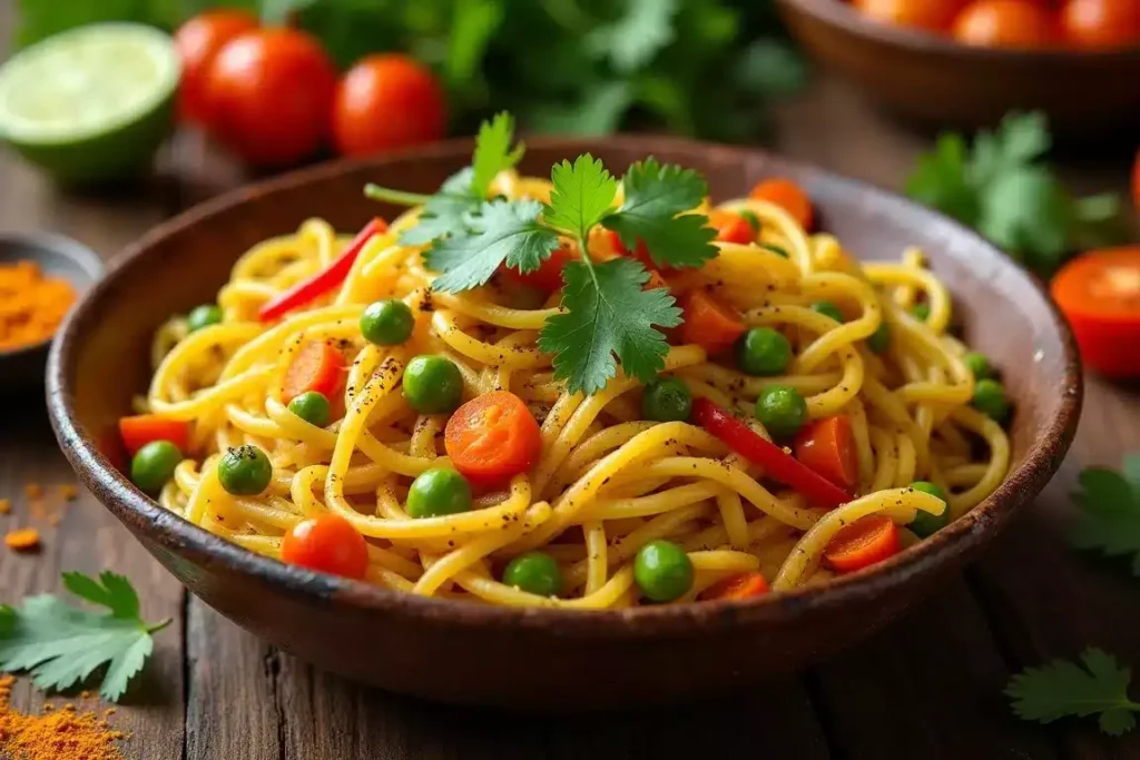 Coconut curry fideo served in a bowl, garnished with cilantro and lime wedges