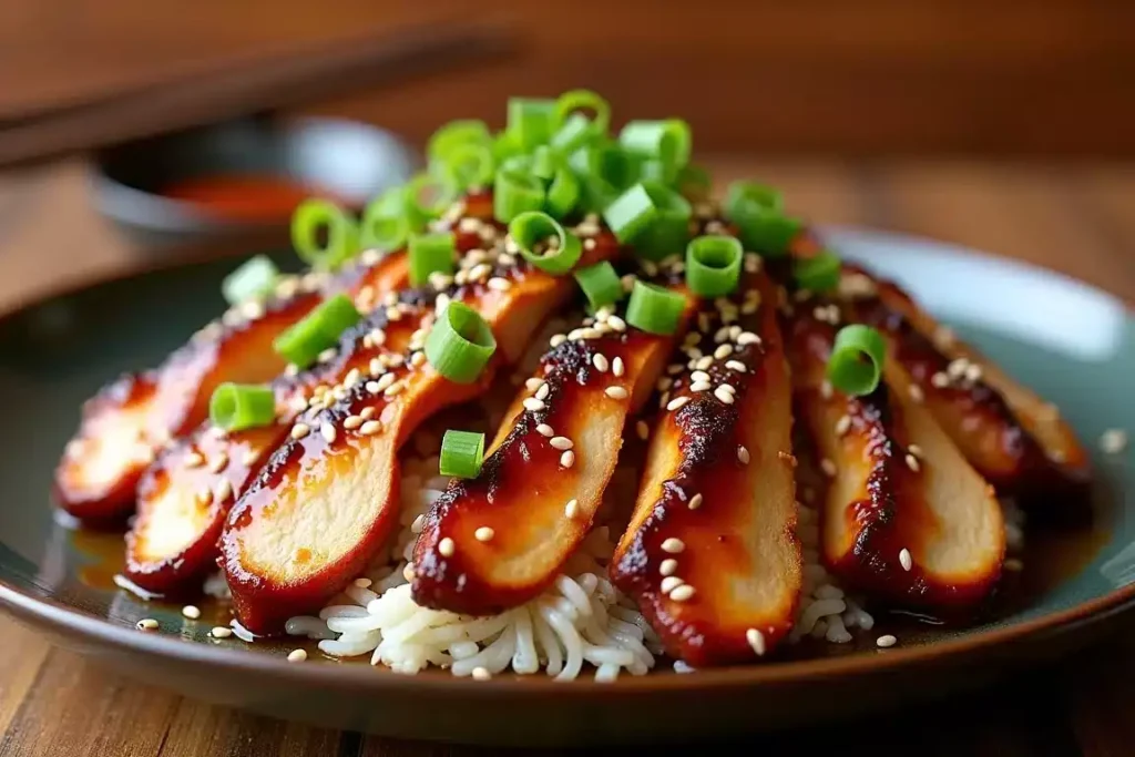 Teriyaki Alice Springs Chicken glazed with teriyaki sauce and garnished with sesame seeds and green onions