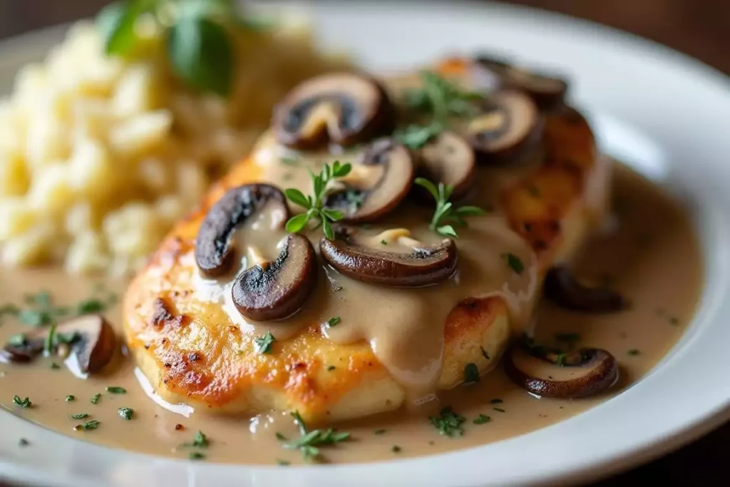 Creamy mushroom smothered chicken served in a rich sauce with sautéed mushrooms, garnished with fresh parsley