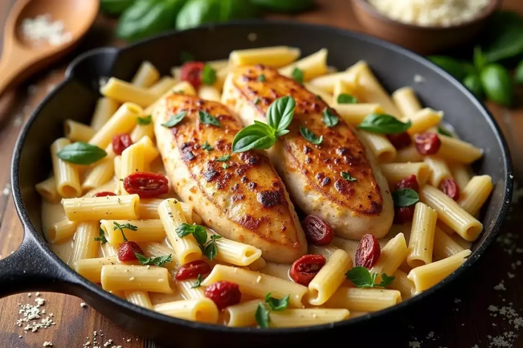 The ultimate Marry Me Chicken pasta with tender chicken, creamy Parmesan sauce, sun-dried tomatoes, and fresh basil garnish