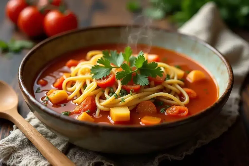 Fideo recipe served in a flavorful tomato-based sauce, garnished with fresh cilantro