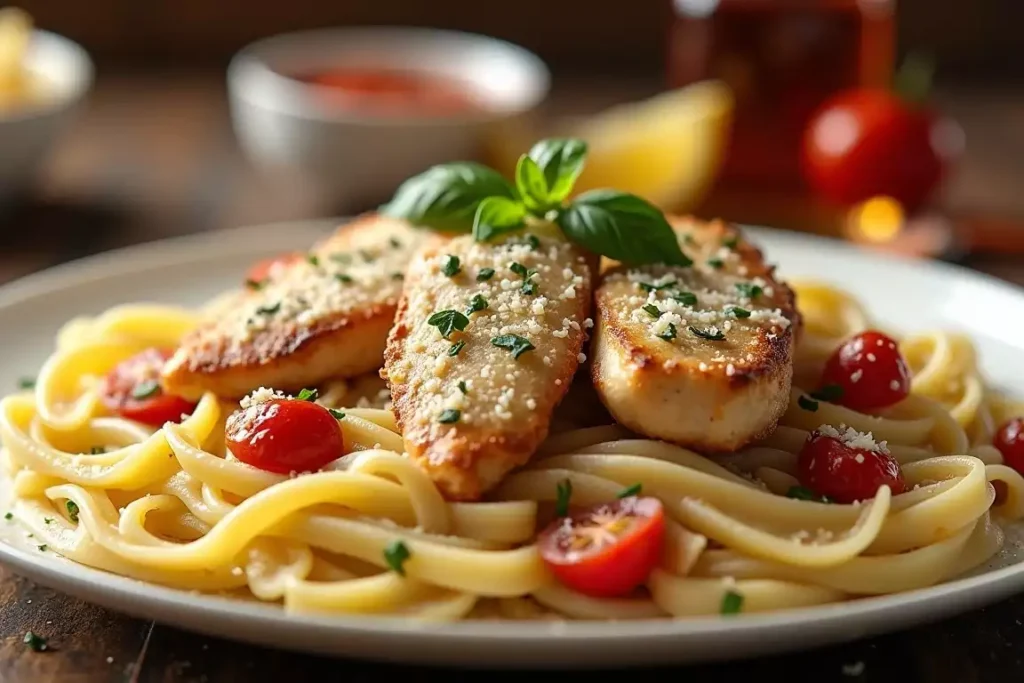 Marry Me Chicken pasta served in a creamy Parmesan sauce with sun-dried tomatoes, garnished with fresh herbs