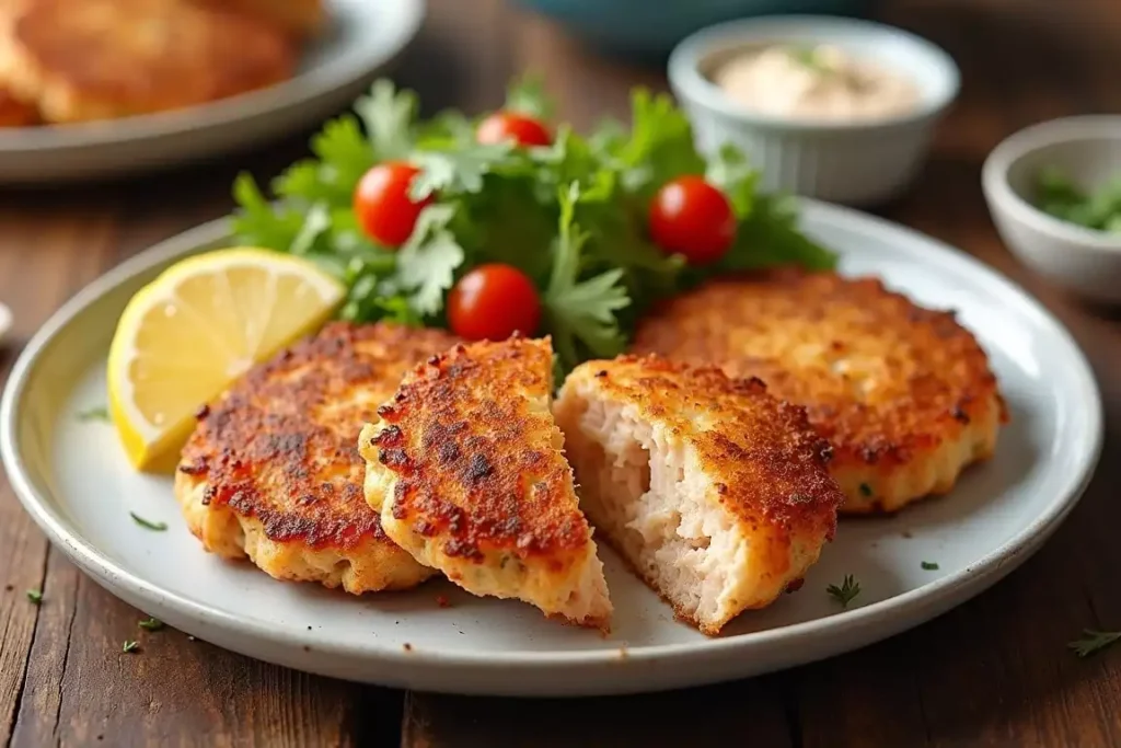 Golden-brown salmon patties served on a plate with a side of fresh salad and lemon wedges