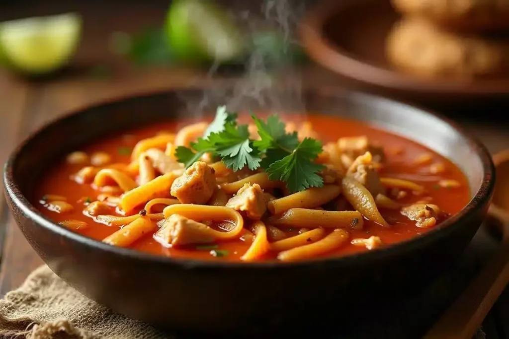 Classic chicken fideo in a tomato-based broth, garnished with fresh cilantro