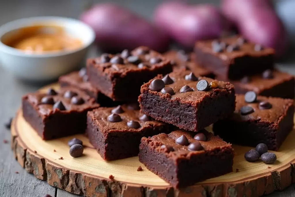 Purple sweet potato brownies stacked on a plate