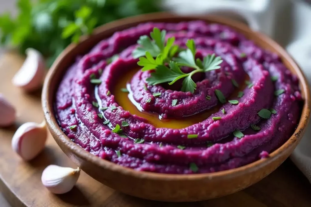 Roasted purple sweet potato slices on a plate, garnished with fresh herbs