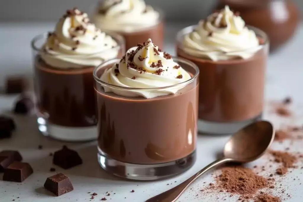 Keto cottage cheese chocolate mousse in a glass, topped with whipped cream and dark chocolate shavings