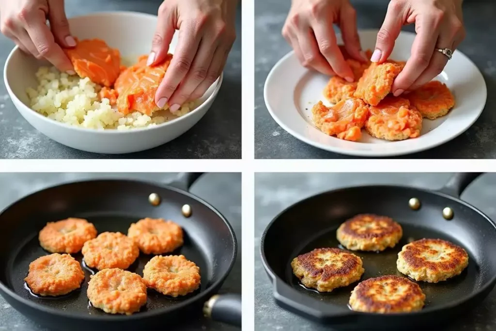 Quick and simple old fashioned salmon patties cooking in a skillet with a golden crust forming