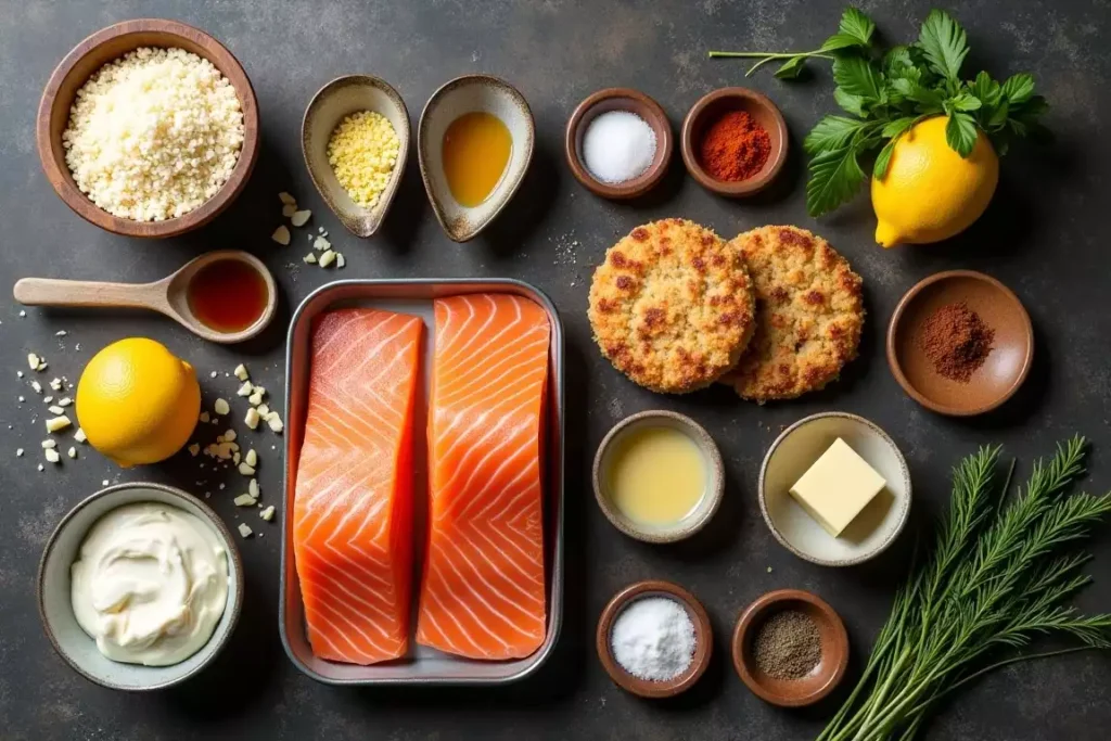 Ingredients for old fashioned salmon patties, including canned salmon, breadcrumbs, eggs, onions, and seasonings