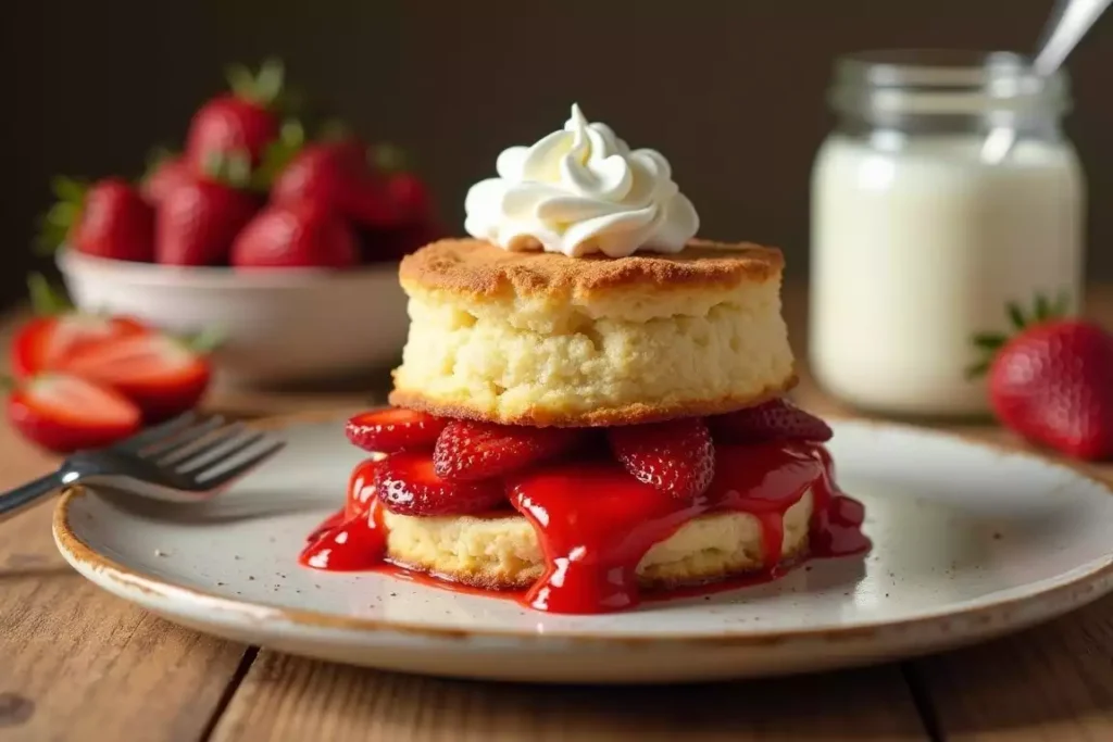 Bisquick strawberry shortcake topped with fresh strawberries and whipped cream