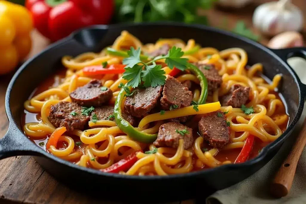 Beef and bell pepper fideo in a rich broth, garnished with fresh parsley