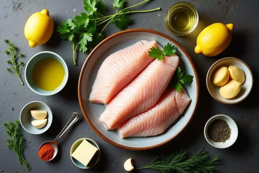 Ingredients for rockfish recipes, including fresh fillets, olive oil, lemon juice, garlic, and fresh herbs