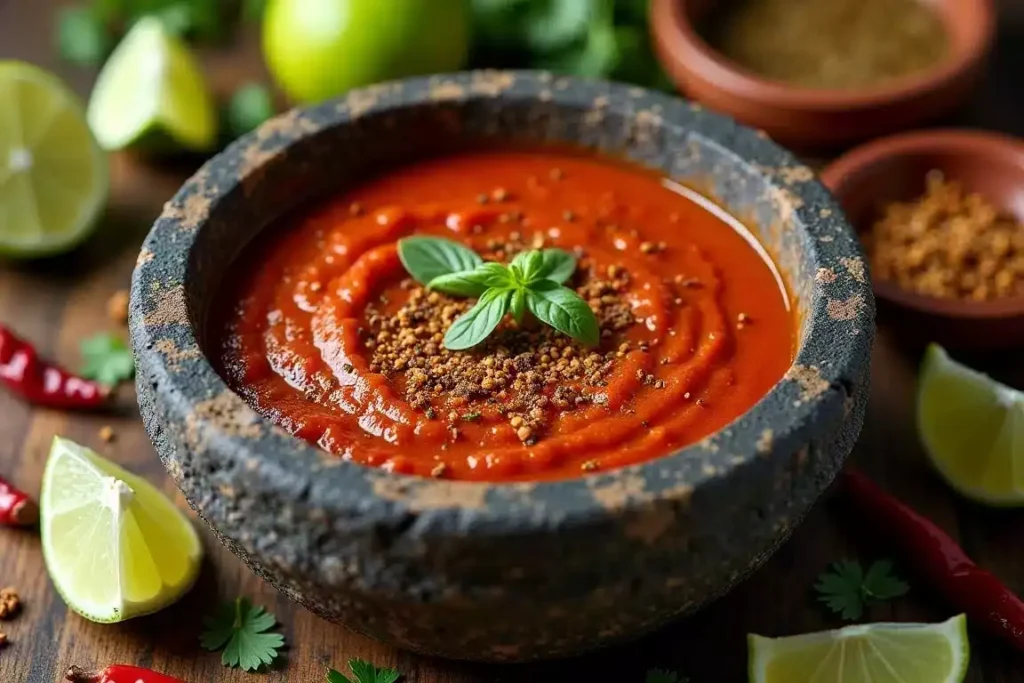 Spicy molcajete sauce made with dried chiles, garlic, and spices, served in a stone mortar