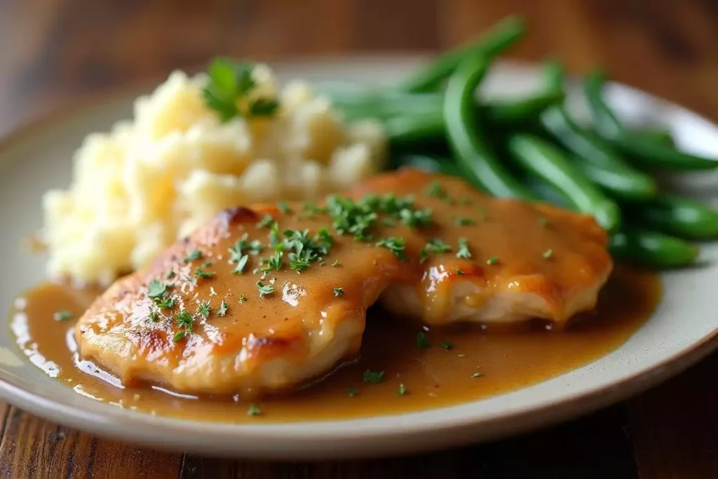 Chicken and gravy served over creamy mashed potatoes, garnished with fresh herbs