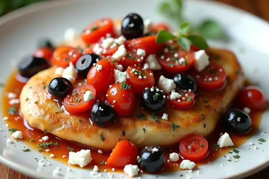 Mediterranean smothered chicken with cherry tomatoes, Kalamata olives, and feta cheese, garnished with fresh parsley