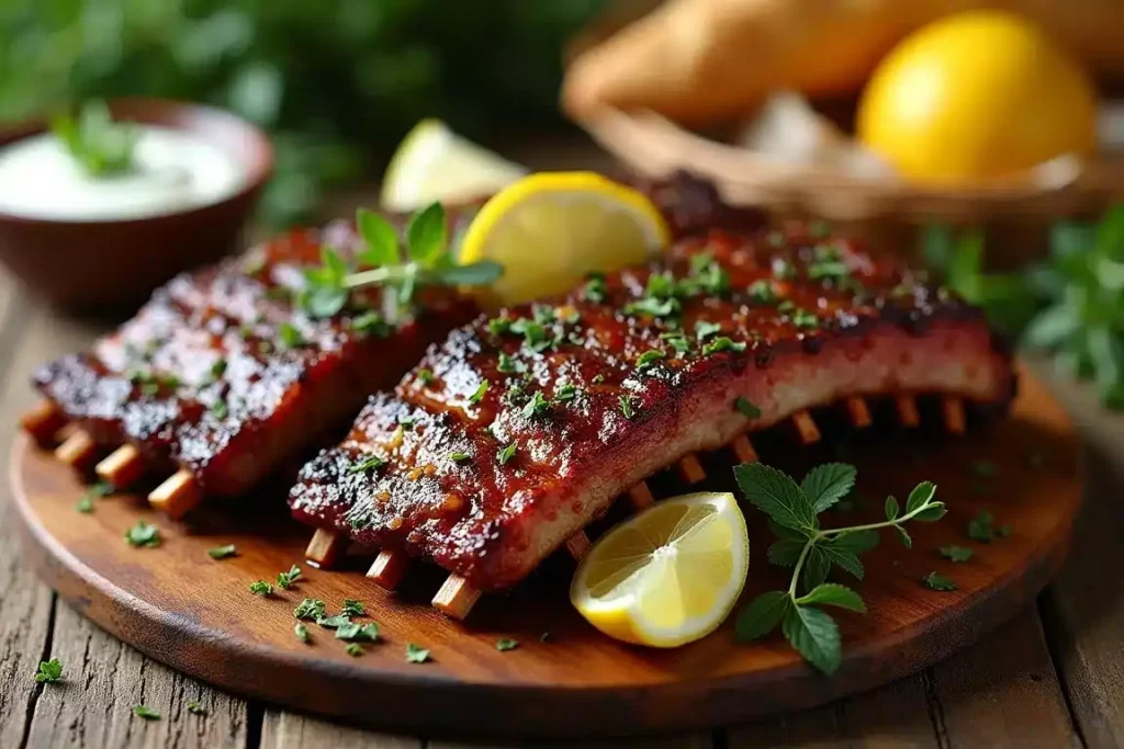 Mediterranean-style beef back ribs garnished with fresh herbs and lemon slices