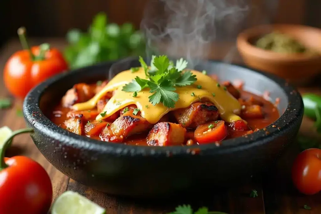 Chicken Molcajete served with grilled vegetables, spicy sauce, and melted cheese in a volcanic stone bowl