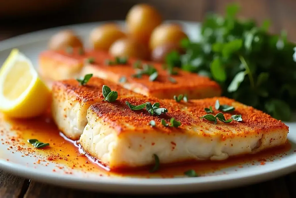 Seared rockfish fillet garnished with fresh herbs and served with a light, aromatic sauce