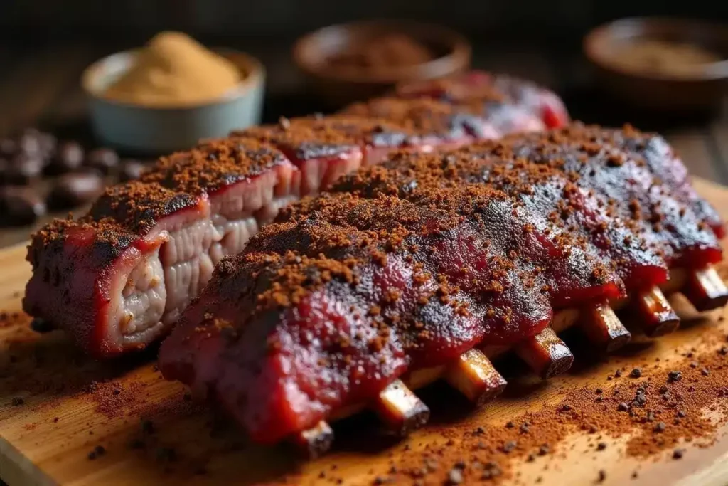 Coffee-rubbed beef back ribs served on a wooden board