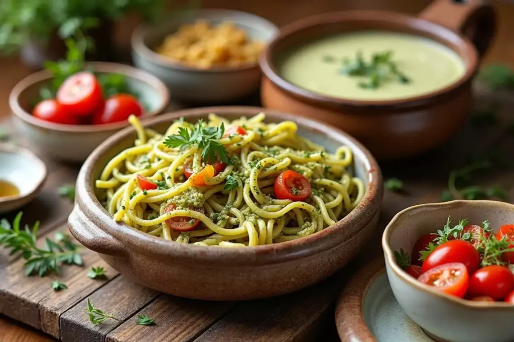 Gluten-free and dairy-free lunch featuring creamy coconut milk soup and pesto pasta with gluten-free noodles