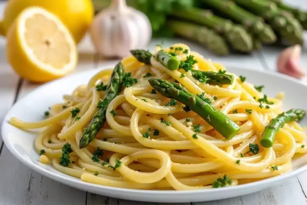 Lemon garlic fideo with tender asparagus, garnished with lemon zest and parsley