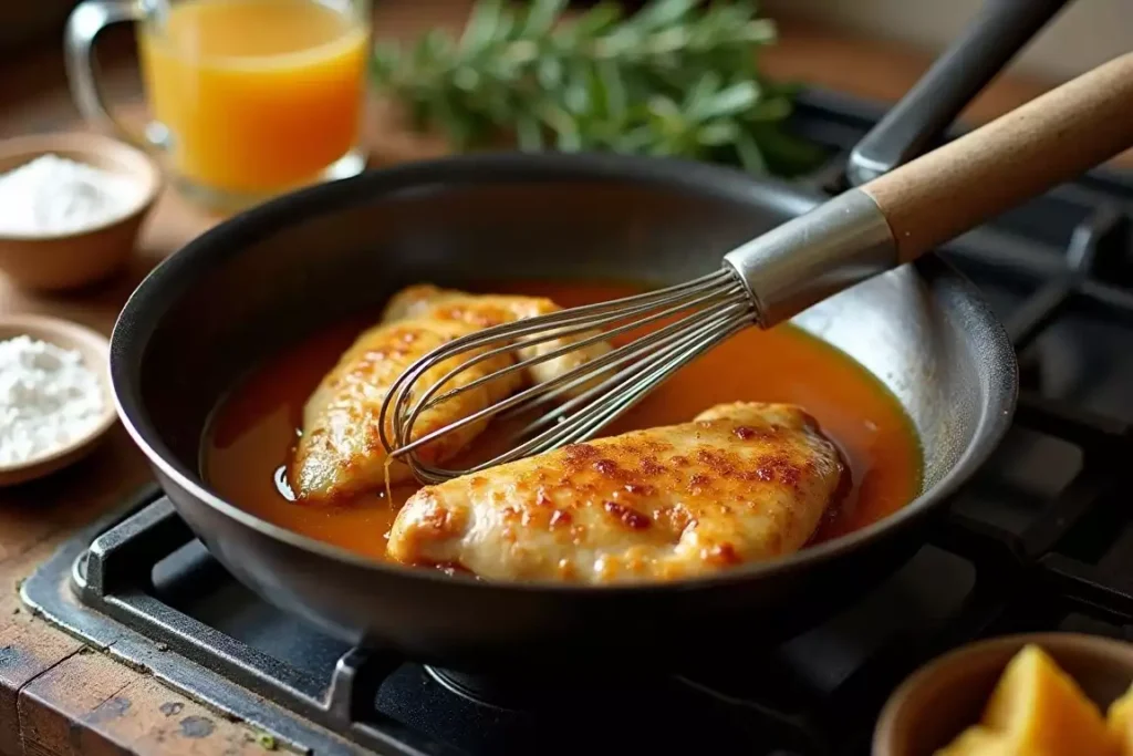 Chicken pan gravy poured over tender chicken breasts, served with mashed potatoes and vegetables