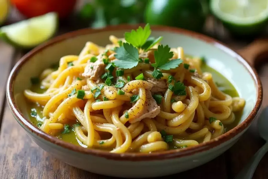 Fideo en salsa verde topped with shredded chicken and fresh cilantro